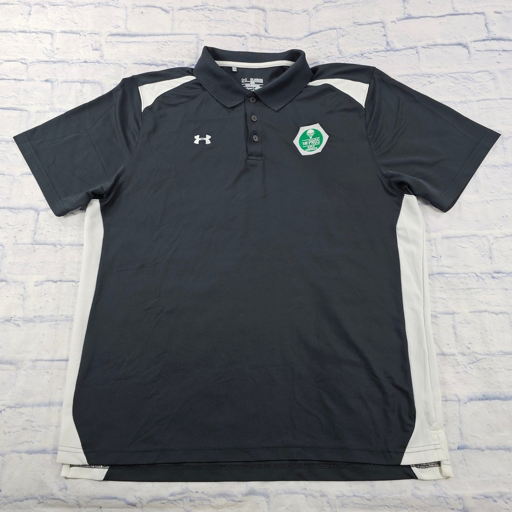 Under Armour Polo Shirt MENS 2XL Black White HeatGear Golf The Pros Services